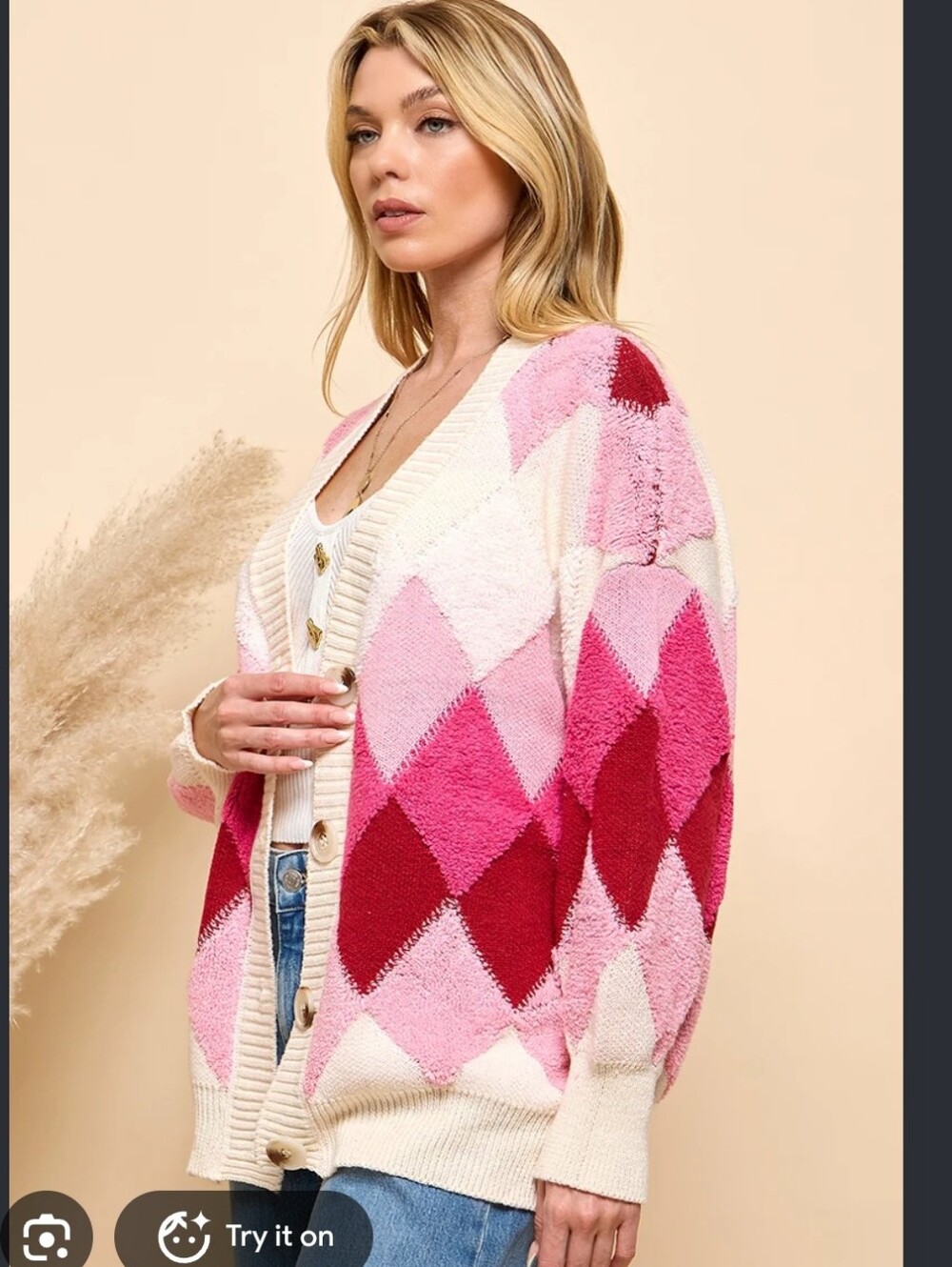 Cozy Pink Argyle Knit Sweater - Button Cardigan